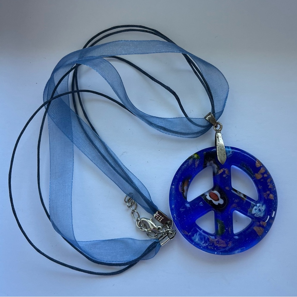 New Blue Glass Peace Sign w/Flowers Pendant with Blue Ribbon/Cord Necklace